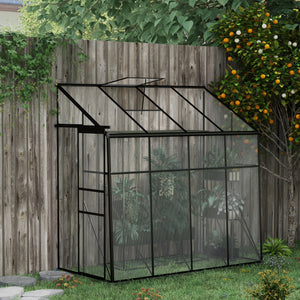 Outsunny 8' x 4' Lean-to Polycarbonate Greenhouse, Walk-in Hobby Green House with Sliding Door, 5-Level Roof Vent, Rain Gutter, Garden Plant Hot House with Aluminum Frame and Foundation, Black