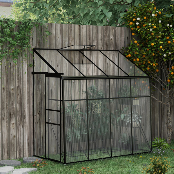 Outsunny 8' x 4' Lean-to Polycarbonate Greenhouse, Walk-in Hobby Green House with Sliding Door, 5-Level Roof Vent, Rain Gutter, Garden Plant Hot House with Aluminum Frame and Foundation, Black