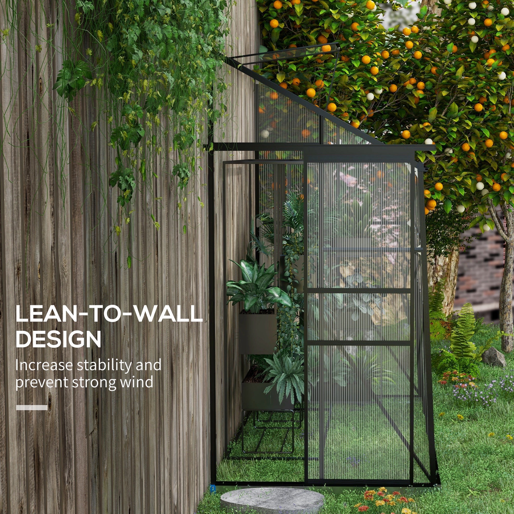 lean to plant house Outsunny 8' x 4' Walk-in Polycarbonate Greenhouse Lean-to Aluminum Green House with Rain Gutter and Foundation, Black