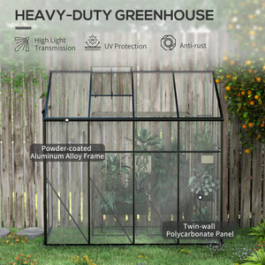 Outsunny 8' x 4' Lean-to Polycarbonate Greenhouse, Walk-in Hobby Green House with Sliding Door, 5-Level Roof Vent, Rain Gutter, Garden Plant Hot House with Aluminum Frame and Foundation, Black