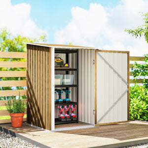 3' x 3' Lean-to Garden Storage Shed, Outdoor Galvanized Steel Tool House with Lockable Door for Patio, Backyard Lawn, Light Brown Wood Effect