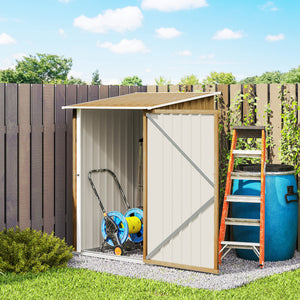 3' x 3' Lean-to Garden Storage Shed, Outdoor Galvanized Steel Tool House with Lockable Door for Patio, Backyard Lawn, Light Brown Wood Effect