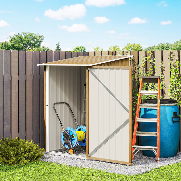 3' x 3' Lean-to Garden Storage Shed, Outdoor Galvanized Steel Tool House with Lockable Door for Patio, Backyard Lawn, Light Brown Wood Effect
