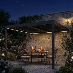 3 x 3 m Louvered Pergola with LED Lights, Adjustable Metal Louvred Roof, Wall Mounted Patio Gazebo Pergola Canopy with Aluminium Frame, Drainage Gutters for Garden Outdoor, Dark Grey