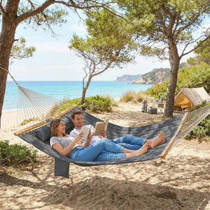 Outdoor Hammock, 2-Person Hammock with Head Pillow and Pad, Wood Spreader Bars, 440 lbs Capacity, for Patio Yard Garden, 128" x 55", Gray