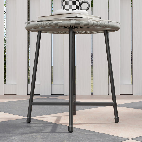3 Pieces Rattan Bistro Set, Wicker Small Garden Table and Chairs Set with Cushions and Glass Top Coffee Table, Bistro Garden Furniture Set for Outdoor, Patio, Balcony, Light Grey