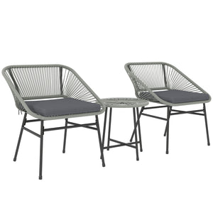 3 Pieces Rattan Bistro Set, Wicker Small Garden Table and Chairs Set with Cushions and Glass Top Coffee Table, Bistro Garden Furniture Set for Outdoor, Patio, Balcony, Light Grey