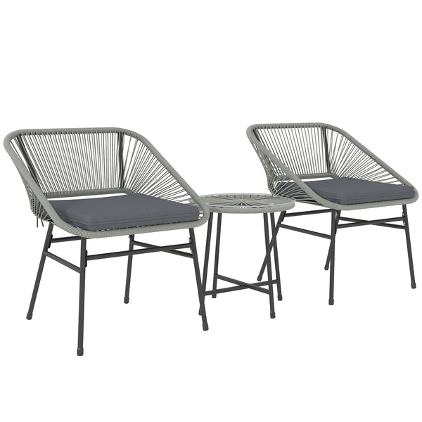 3 Pieces Rattan Bistro Set, Wicker Small Garden Table and Chairs Set with Cushions and Glass Top Coffee Table, Bistro Garden Furniture Set for Outdoor, Patio, Balcony, Light Grey