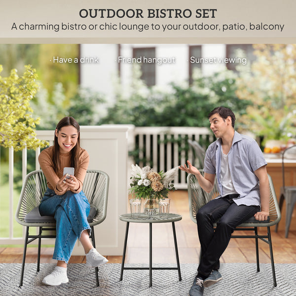 3 Pieces Rattan Bistro Set, Wicker Small Garden Table and Chairs Set with Cushions and Glass Top Coffee Table, Bistro Garden Furniture Set for Outdoor, Patio, Balcony, Light Grey