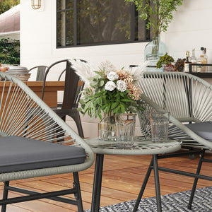 3 Pieces Rattan Bistro Set, Wicker Small Garden Table and Chairs Set with Cushions and Glass Top Coffee Table, Bistro Garden Furniture Set for Outdoor, Patio, Balcony, Light Grey