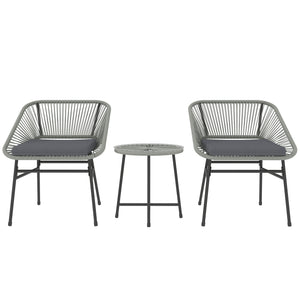 3 Pieces Rattan Bistro Set, Wicker Small Garden Table and Chairs Set with Cushions and Glass Top Coffee Table, Bistro Garden Furniture Set for Outdoor, Patio, Balcony, Light Grey