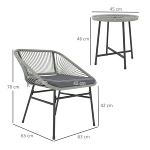 3 Pieces Rattan Bistro Set, Wicker Small Garden Table and Chairs Set with Cushions and Glass Top Coffee Table, Bistro Garden Furniture Set for Outdoor, Patio, Balcony, Light Grey