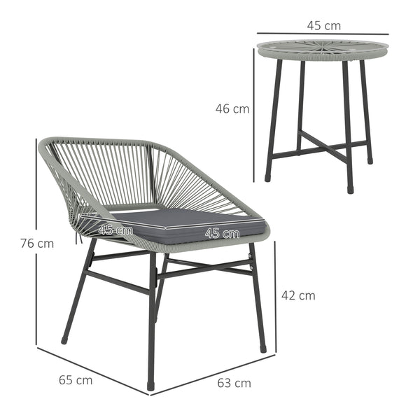 3 Pieces Rattan Bistro Set, Wicker Small Garden Table and Chairs Set with Cushions and Glass Top Coffee Table, Bistro Garden Furniture Set for Outdoor, Patio, Balcony, Light Grey