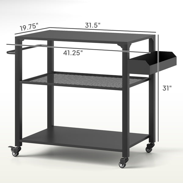 Outsunny Three-Shelf Outdoor Grill Cart, 31.5" x 19.7" Multifunctional Pizza Oven Stand with Storage Rack and Side Handle, Movable Food Prep Table on Wheels