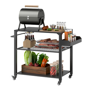 Outsunny Three-Shelf Outdoor Grill Cart, 31.5" x 19.7" Multifunctional Pizza Oven Stand with Storage Rack and Side Handle, Movable Food Prep Table on Wheels