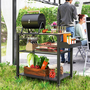 Outsunny Three-Shelf Outdoor Grill Cart, 31.5" x 19.7" Multifunctional Pizza Oven Stand with Storage Rack and Side Handle, Movable Food Prep Table on Wheels