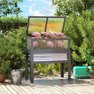 Wooden Raised Garden Bed with Flip-Up Greenhouse Top, Raised Garden Bed with Legs and Bed Liner, Elevated Planter Box for Flowers, Vegetables, Herbs, Gray