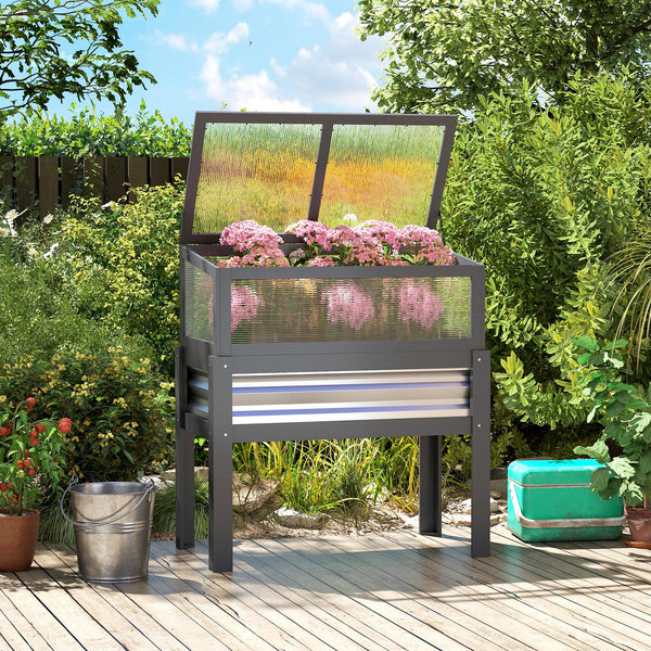 Wooden Raised Garden Bed with Flip-Up Greenhouse Top, Raised Garden Bed with Legs and Bed Liner, Elevated Planter Box for Flowers, Vegetables, Herbs, Gray