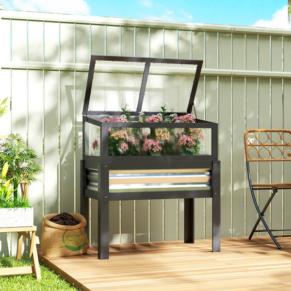 Wooden Raised Garden Bed with Flip-Up Greenhouse Top, Raised Garden Bed with Legs and Bed Liner, Elevated Planter Box for Flowers, Vegetables, Herbs, Gray