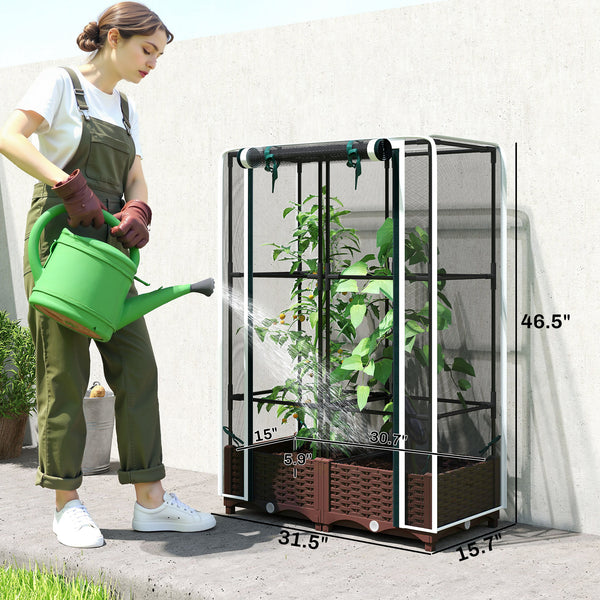Raised Garden Bed with Trellis, 46.5" Tomato Cage with Crop Cage, Self Watering Planter Box with Drainage Holes and Plugs for Outdoor Patio Climbing Plants, Vines, Vegetables, Flowers, White