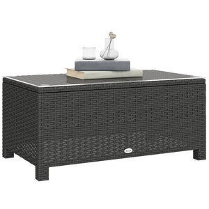 Rattan Coffee Table, Patio Side Table, Hand-woven Wicker Furniture with Tempered Glass Top Outdoor Garden Patio, Dark Grey