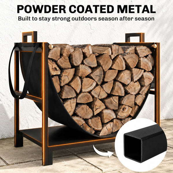 19 Inch Firewood Rack with Canvas Carrier, 110 lb Capacity Heavy Duty Steel Log Store Indoors, Fireplace Log Storage Holder, Black