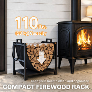 19 Inch Firewood Rack with Canvas Carrier, 110 lb Capacity Heavy Duty Steel Log Store Indoors, Fireplace Log Storage Holder, Black