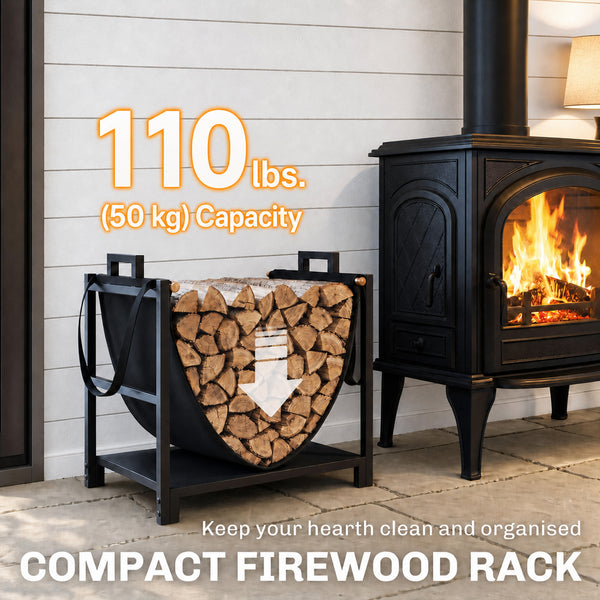 19 Inch Firewood Rack with Canvas Carrier, 110 lb Capacity Heavy Duty Steel Log Store Indoors, Fireplace Log Storage Holder, Black