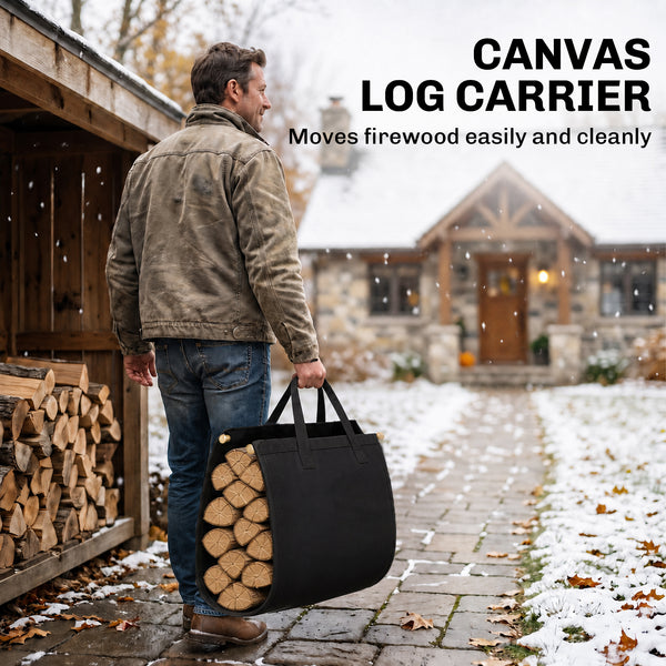 19 Inch Firewood Rack with Canvas Carrier, 110 lb Capacity Heavy Duty Steel Log Store Indoors, Fireplace Log Storage Holder, Black