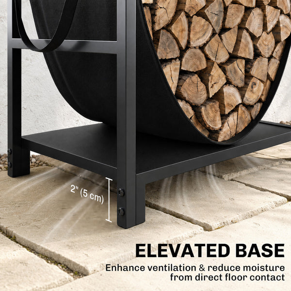 19 Inch Firewood Rack with Canvas Carrier, 110 lb Capacity Heavy Duty Steel Log Store Indoors, Fireplace Log Storage Holder, Black