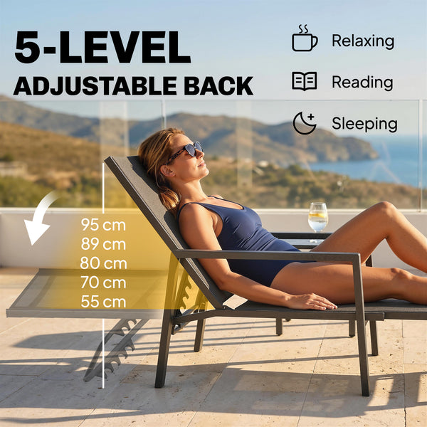Sun Lounger with Retractable Footrest, 5-Position Adjustable Reclining Garden Lounger, Garden Chaise Lounge Sunbed Recliner Chair with Steel Frame for Beach, Porch, Patio, Camping, Black