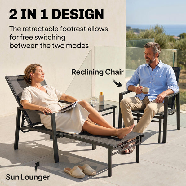 Sun Lounger with Retractable Footrest, 5-Position Adjustable Reclining Garden Lounger, Garden Chaise Lounge Sunbed Recliner Chair with Steel Frame for Beach, Porch, Patio, Camping, Black