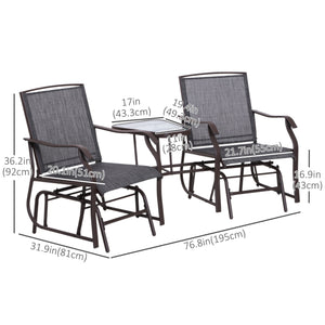 Double Patio Glider Chair with Glass Top Center Table, Outdoor Glider Loveseat with High Back,  All Weather Breathable Mesh Fabric for Garden, Backyard, Deck, Grey