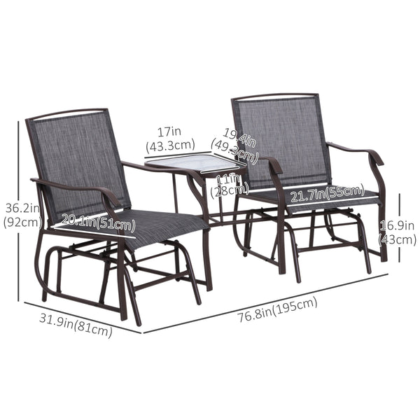 Double Patio Glider Chair with Glass Top Center Table, Outdoor Glider Loveseat with High Back,  All Weather Breathable Mesh Fabric for Garden, Backyard, Deck, Grey