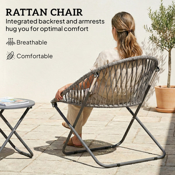3 Pieces Patio Bistro Set, Folding Garden Furniture Set for 2 with Metal Top Coffee Table and Rattan Chairs for Outdoor, Balcony, Grey