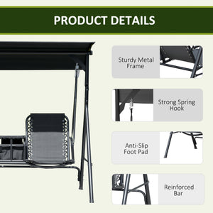 2 Person Covered Porch Swing Patio Swing with Pivot Storage Table, Cup Holder, & Adjustable Overhead Canopy, Black