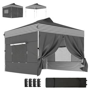 10 x 10 ft Pop Up Canopy Tent with 4 Sidewalls, UPF 50+ 1-Button Push Easy Setup Outdoor Instant Canopy Portable Shelter with 4 Sandbags, Wheeled Carry Bag, Dark Grey
