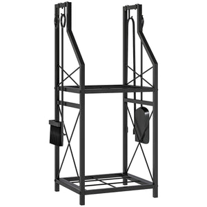 13 Inch Firewood Log Rack with 4 Tools, 2-Tier Heavy Duty Steel Log Store Indoors with Hooks, 132 lb Capacity Fireplace Log Storage Holder for Indoor/Outdoor, Black