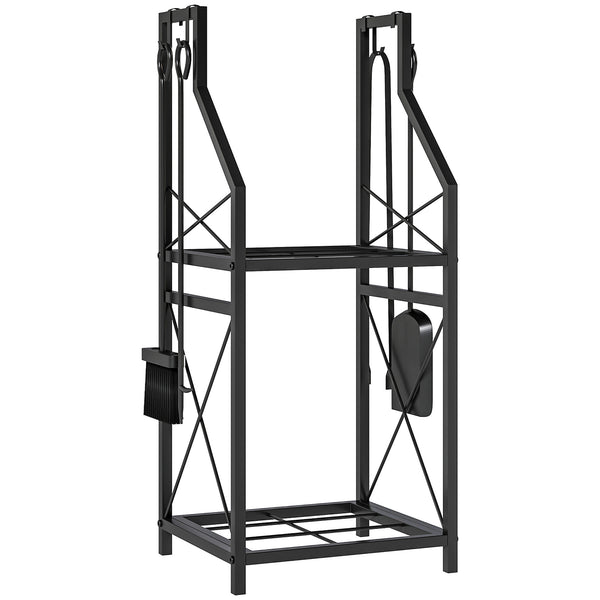 13 Inch Firewood Log Rack with 4 Tools, 2-Tier Heavy Duty Steel Log Store Indoors with Hooks, 132 lb Capacity Fireplace Log Storage Holder for Indoor/Outdoor, Black