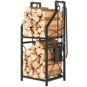13 Inch Firewood Log Rack with 4 Tools, 2-Tier Heavy Duty Steel Log Store Indoors with Hooks, 132 lb Capacity Fireplace Log Storage Holder for Indoor/Outdoor, Black