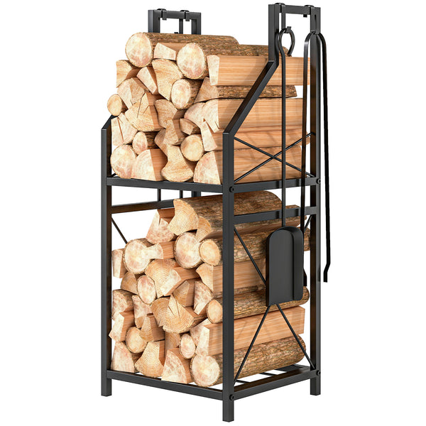 13 Inch Firewood Log Rack with 4 Tools, 2-Tier Heavy Duty Steel Log Store Indoors with Hooks, 132 lb Capacity Fireplace Log Storage Holder for Indoor/Outdoor, Black