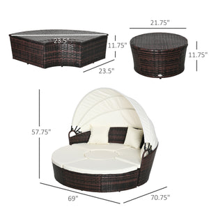 Outsunny 4-Piece Round Convertible Daybed with Cushions, Outdoor PE Rattan Patio Wicker Sofa Set, Sunbed with Adjustable Sun Canopy, Sectional Sofa, 2 Chairs, Table, 3 Pillows, Cream White