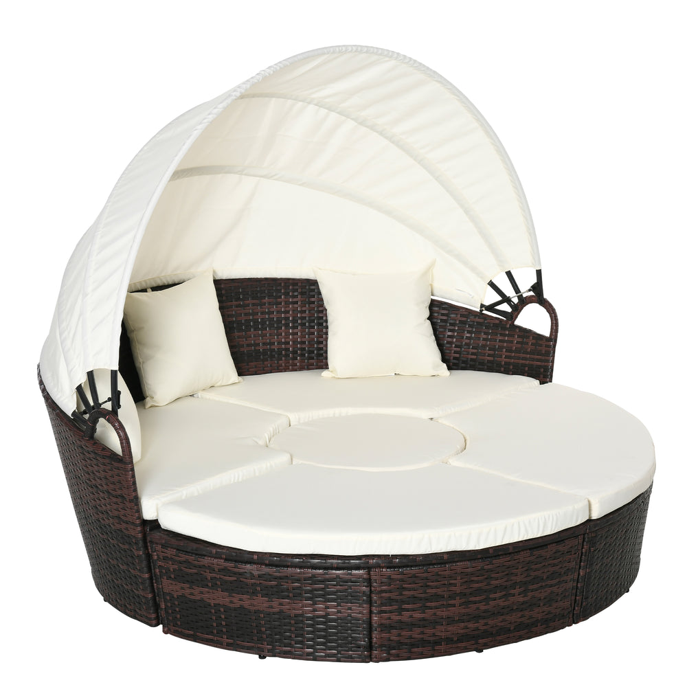 Outsunny 4-Piece Round Convertible Daybed with Cushions, Outdoor PE Rattan Patio Wicker Sofa Set, Sunbed with Adjustable Sun Canopy, Sectional Sofa, 2 Chairs, Table, 3 Pillows, Cream White