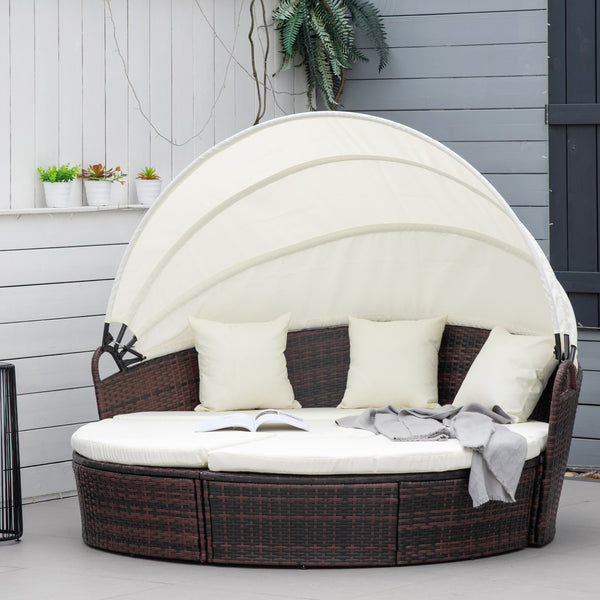 Outsunny 4-Piece Round Convertible Daybed with Cushions, Outdoor PE Rattan Patio Wicker Sofa Set, Sunbed with Adjustable Sun Canopy, Sectional Sofa, 2 Chairs, Table, 3 Pillows, Cream White