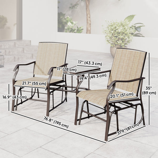 Double Patio Glider Chair with Glass Top Center Table, Outdoor Glider Loveseat with High Back,  All Weather Breathable Mesh Fabric for Garden, Backyard, Deck, Light Brown