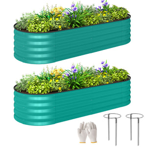 Set of 2 Raised Beds for Garden, Outdoor Galvanised Planter Box with Plant Support Stakes, Rubber Strap Edging and Bottomless for Flower, Vegetable, 150 x 60 x 30 cm, Green