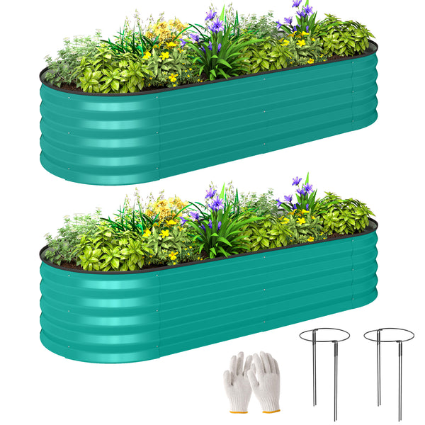 Set of 2 Raised Beds for Garden, Outdoor Galvanised Planter Box with Plant Support Stakes, Rubber Strap Edging and Bottomless for Flower, Vegetable, 150 x 60 x 30 cm, Green