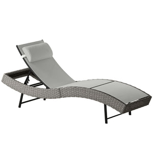 Rattan Sun Lounger, 5 Position Adjustable Garden Lounger Recliner with S Shaped Texteline Seat and Headrest, Reclining Outdoor Sunbed with Metal Frame for Patio, Terrace, Light Grey