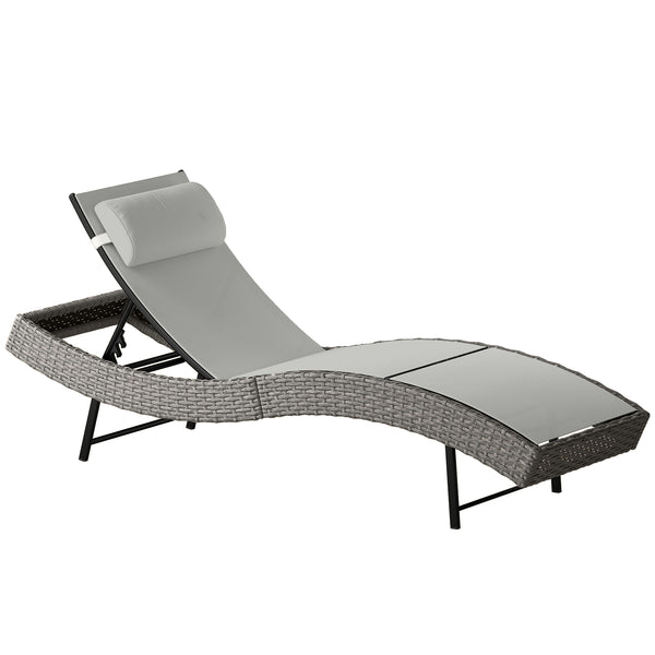 Rattan Sun Lounger, 5 Position Adjustable Garden Lounger Recliner with S Shaped Texteline Seat and Headrest, Reclining Outdoor Sunbed with Metal Frame for Patio, Terrace, Light Grey
