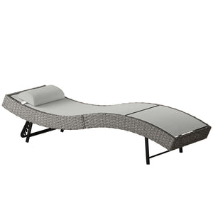 Rattan Sun Lounger, 5 Position Adjustable Garden Lounger Recliner with S Shaped Texteline Seat and Headrest, Reclining Outdoor Sunbed with Metal Frame for Patio, Terrace, Light Grey